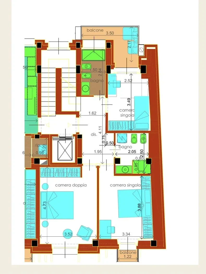Planimetria del quarto piano con tre camere e due bagni